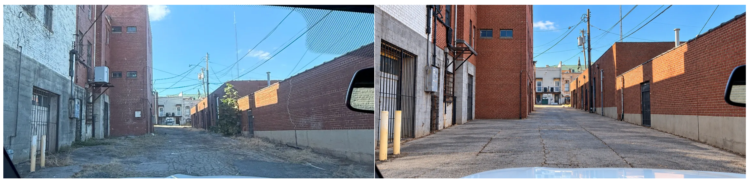 Rear alley — overgrown and deteriorated before, cleared and accessible after