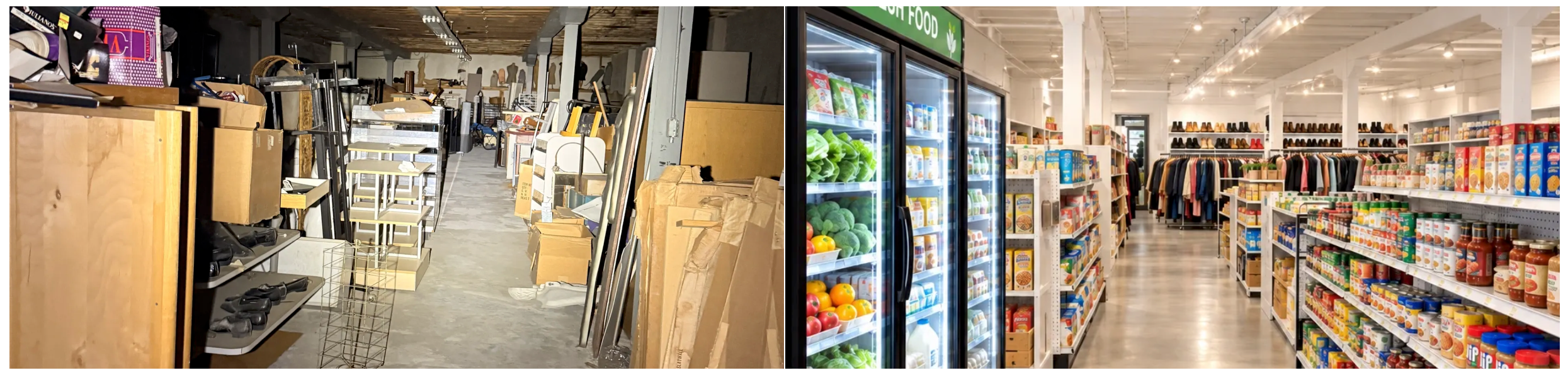 Main floor interior — cluttered storage space before and a bright client-choice grocery after