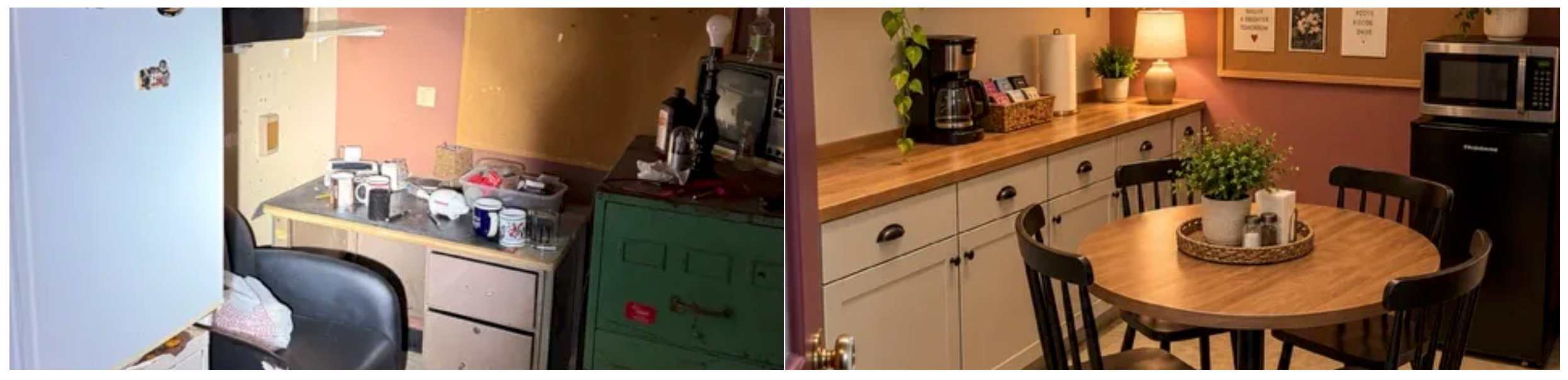 Staff break room — cluttered kitchenette before, warm and welcoming staff kitchen after