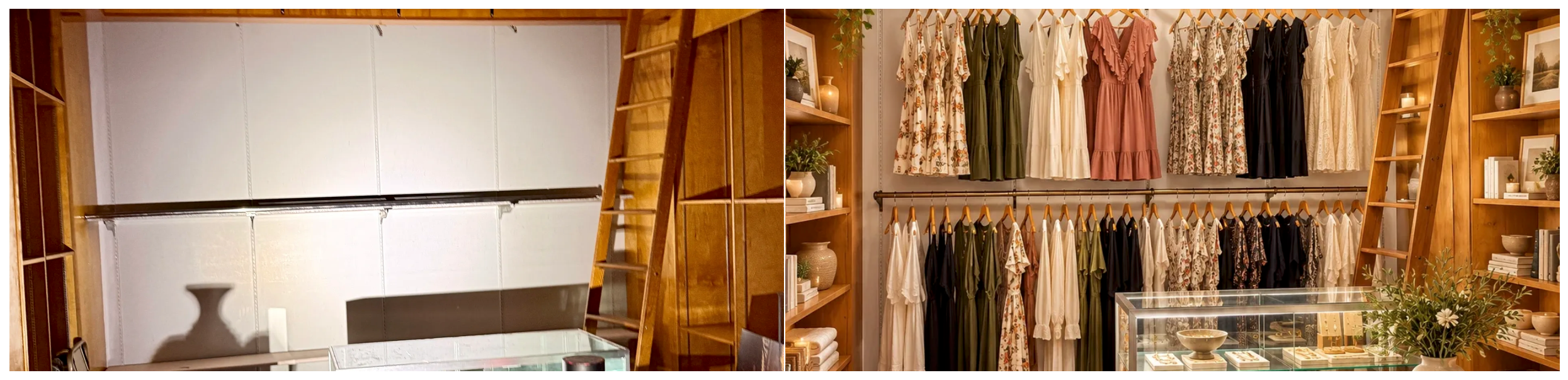 Clothing area — bare walls and empty racks before, styled clothing displays after