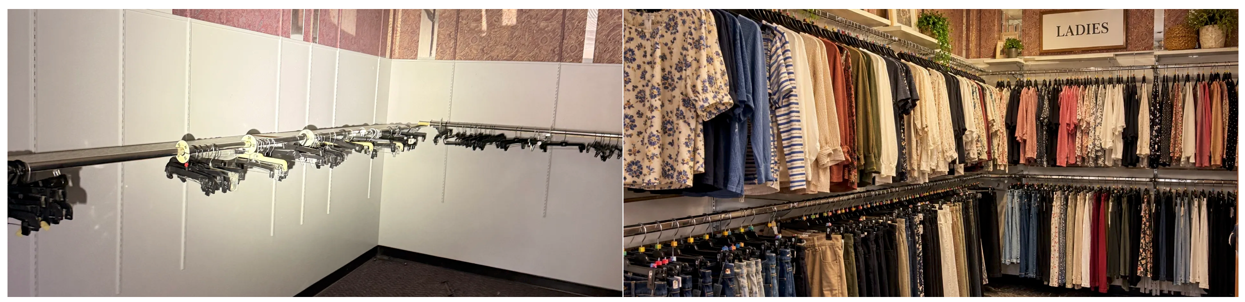 Ladies section — empty racks before, organized ladies clothing department after