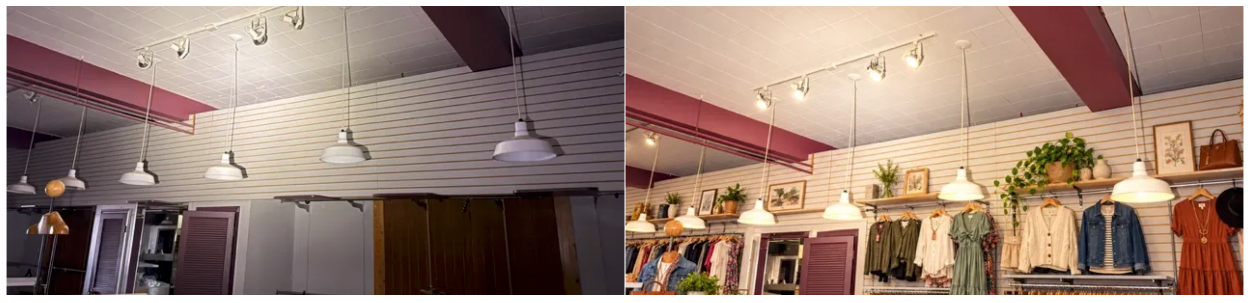 Main floor lighting — empty space before, styled retail floor with pendant lights after