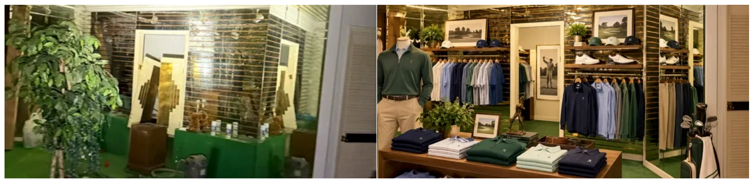 Men's section — cluttered space before, styled men's clothing boutique after